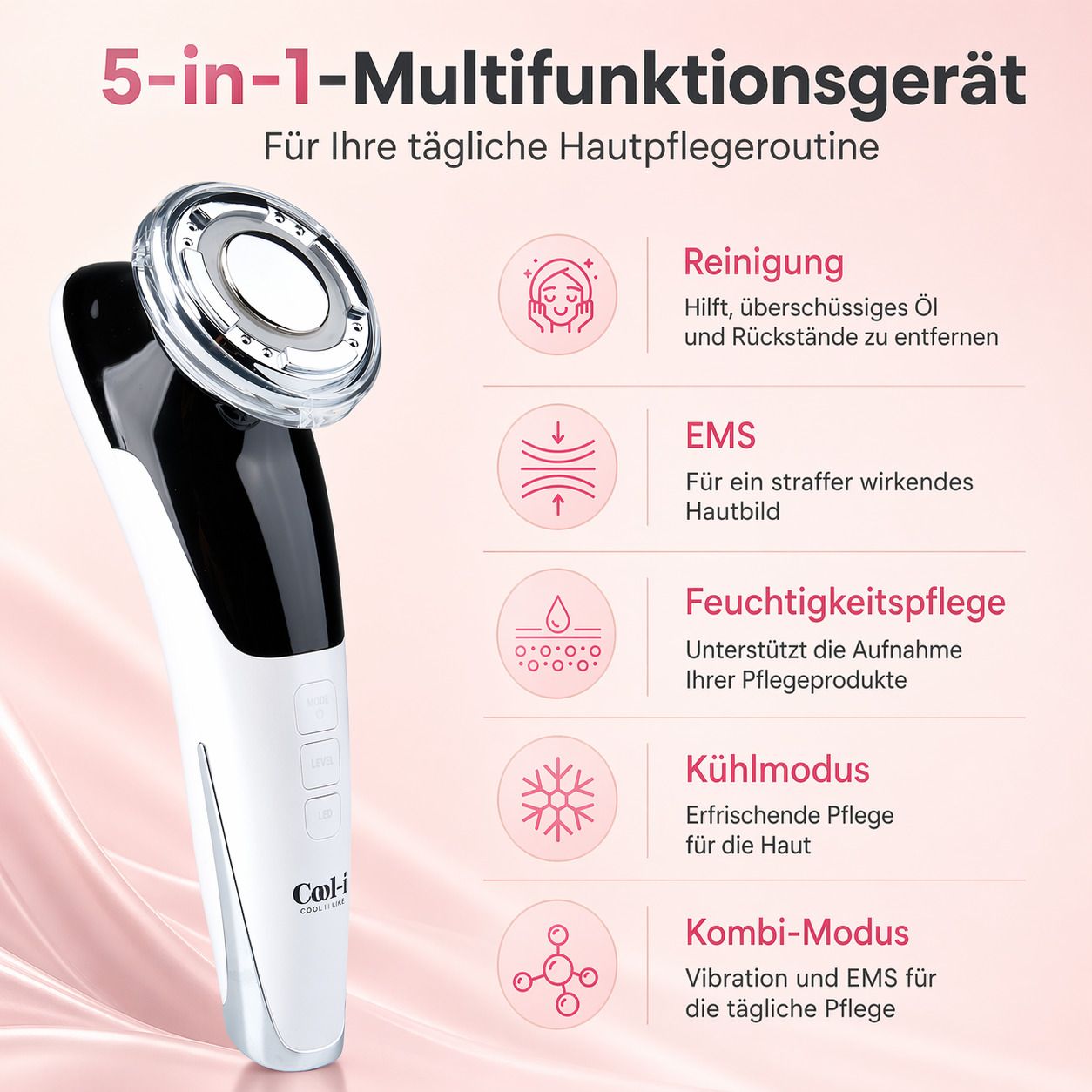 Weiß-schwarzes Hautpflegegerät. Text: 5-in-1-Multifunktionsgerät. Funktionen: Reinigung, EMS, Feuchtigkeitspflege, Kühlmodus, Kombi-Modus.