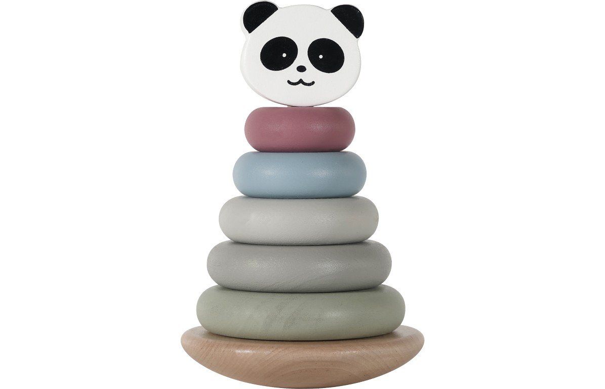 Stapelturm mit Panda-Kopf. Besteht aus Holz und farbigen Ringen. Der Turm hat 7 Teile, einschließlich der Basis.