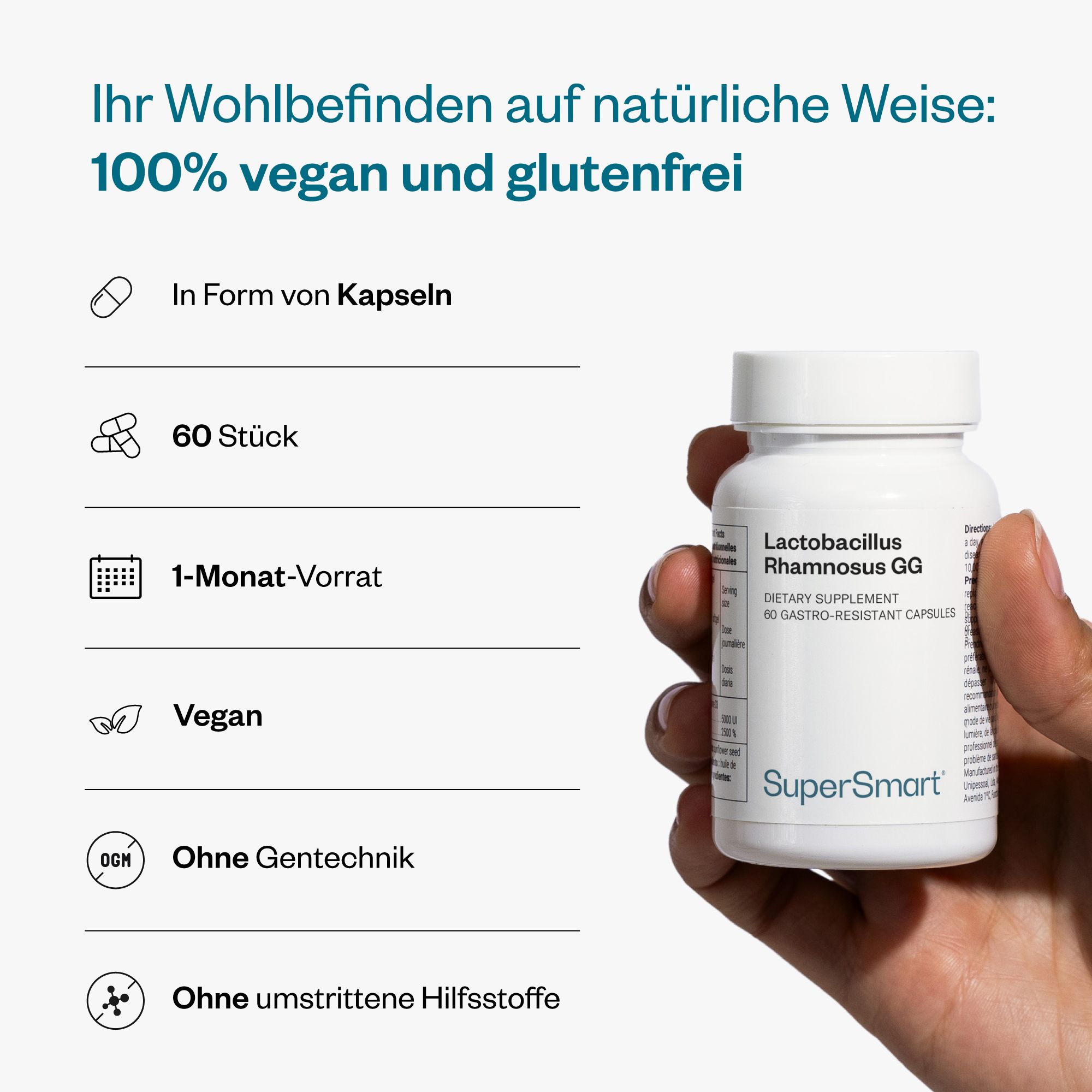 Weiße Flasche mit Kapseln. Aufschrift: Lactobacillus rhamnosus GG. Marke: SuperSmart. 60 Kapseln. 1-Monats-Vorrat. Vegan.