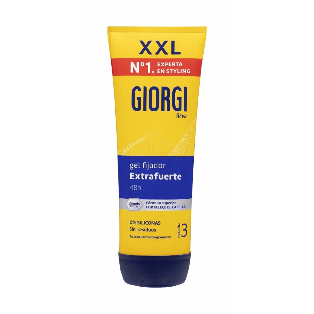 Gel-Tube Giorgi Line Extrafuerte, gelb-blau. Text: XXL, N°1, Giorgi Line, gel fijador Extrafuerte, 48h, 0% siliconas.