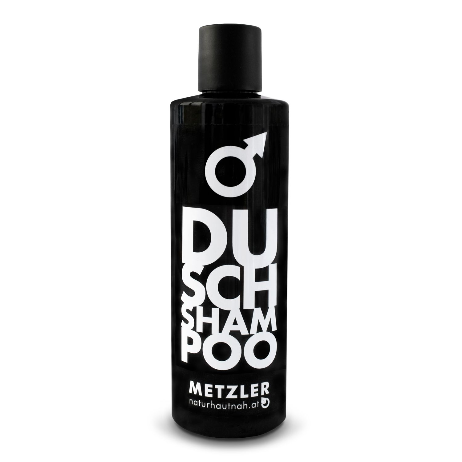Schwarze Flasche mit schwarzem Deckel. Weißer Schriftzug: Dusch Shampoo. Logo: Männliches Symbol. Marke: Metzler.