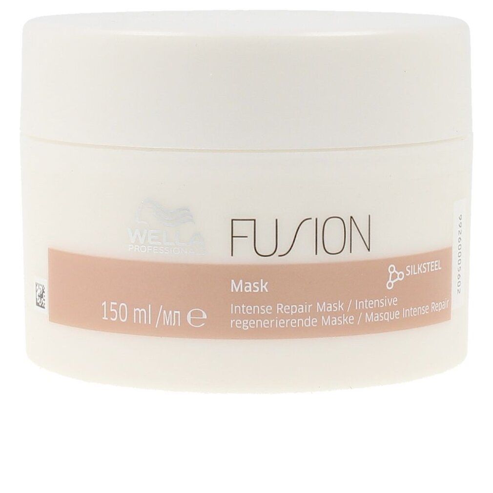Weißer Tiegel mit Aufschrift FUSION Maske. Enthält 150 ml. Aufschrift Silksteel.