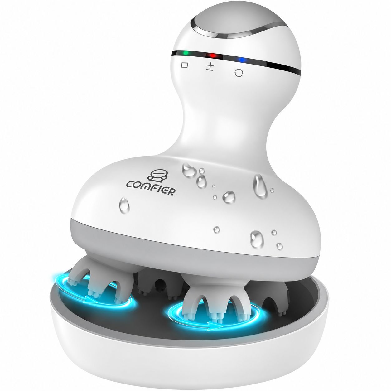 Elektrisches Kopfmassagegerät mit 4 Köpfen, weiß und grau, mit blauen Lichtern.