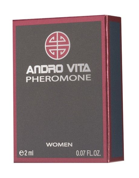Kartonverpackung. Aufschrift: ANDRO VITA PHEROMONE, WOMEN, 2 ml, 0.07 FL.OZ. Logo. Farbkombination: Grau, Rot.