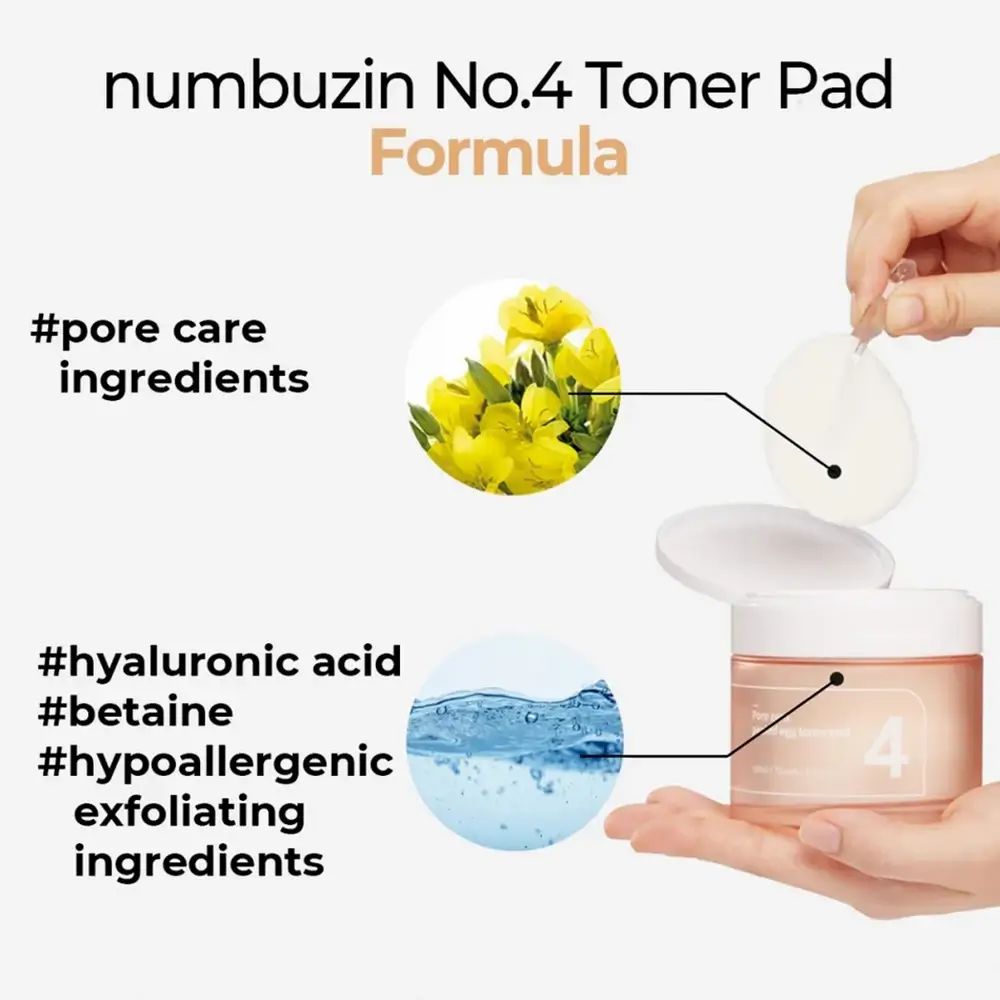 Produktabbildung mit gelben Blumen, Wasser und Pads. Text: #pore care ingredients, #hyaluronic acid, #betaine, #hypoallergenic exfoliating ingredients.