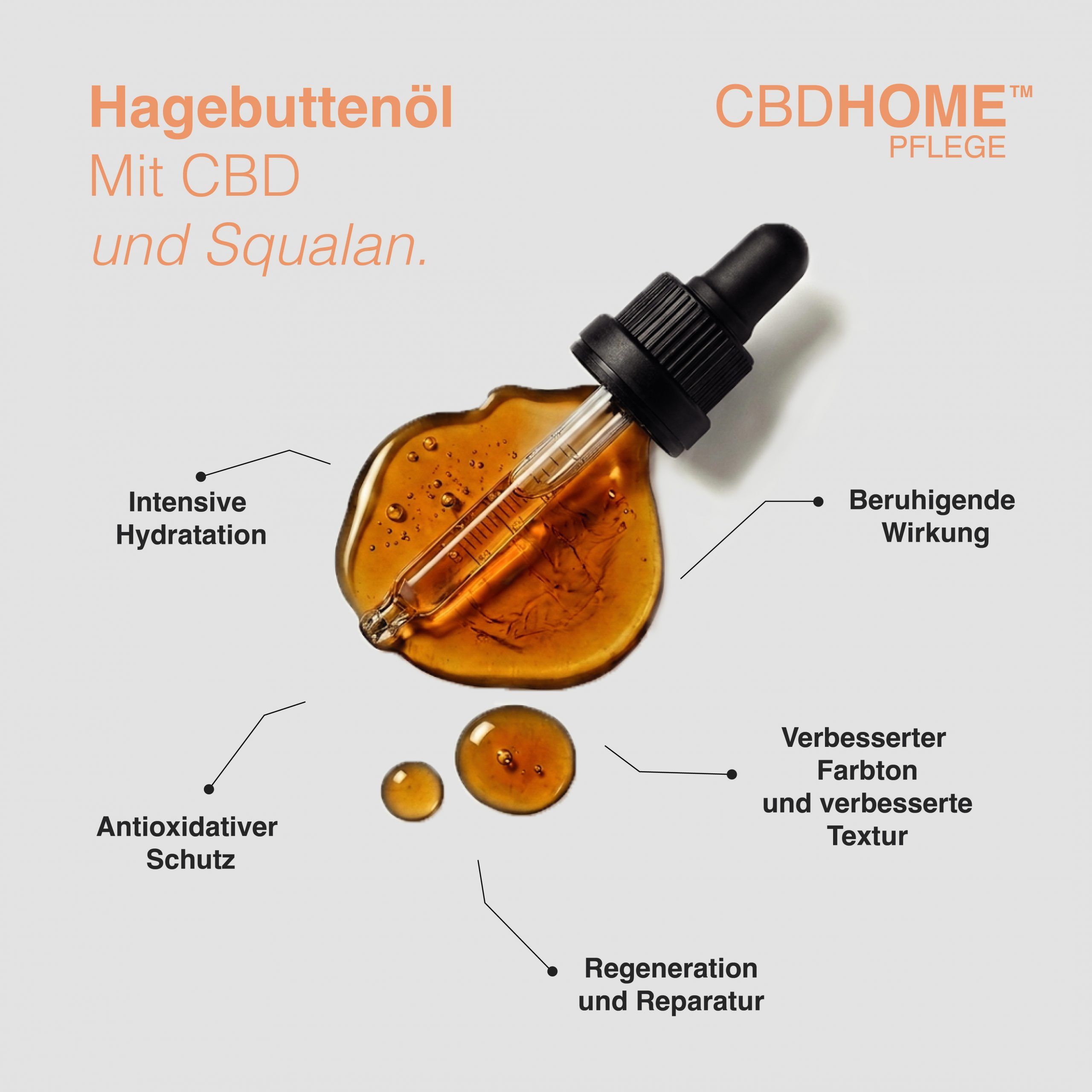 Tropfen von Hagebuttenöl mit CBD und Squalen, Pipette, intensive Hydratation, antioxidativer Schutz, Beruhigung.