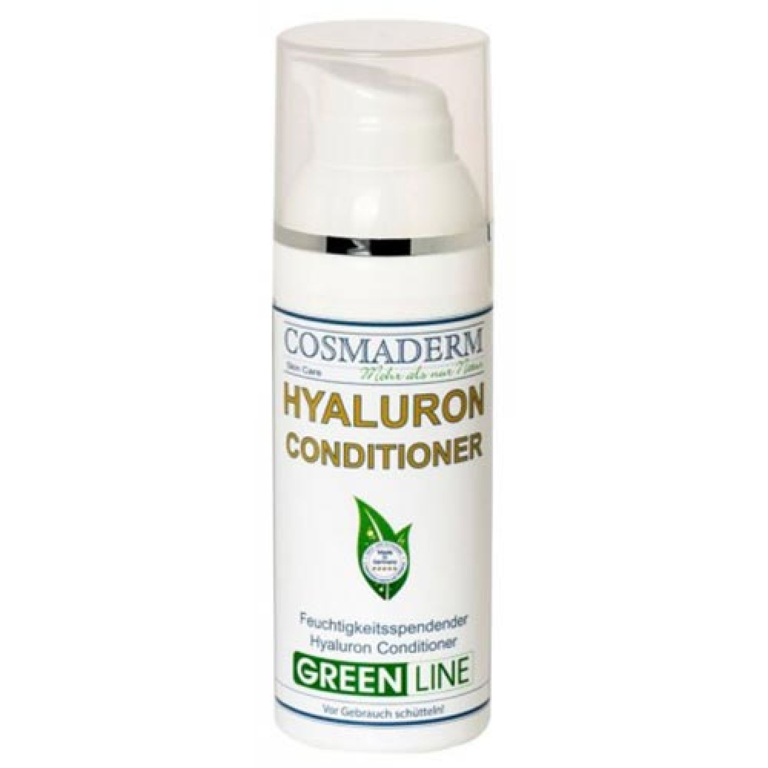 Weiße Flasche mit Pumpe. Beschriftung: COSMA-DERM, HYALURON CONDITIONER, GREEN LINE. Grünes Blatt-Logo. Feuchtigkeitsspendender Hyaluron Conditioner.