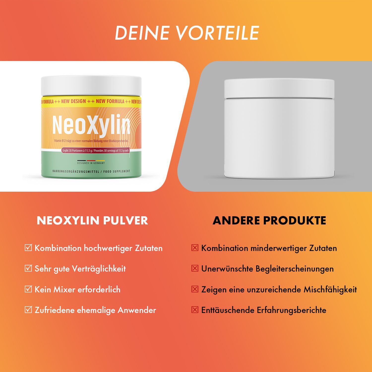 Vergleich NeoXylin Pulver mit 'anderen Produkten'. Dose links, weiße Dose rechts.