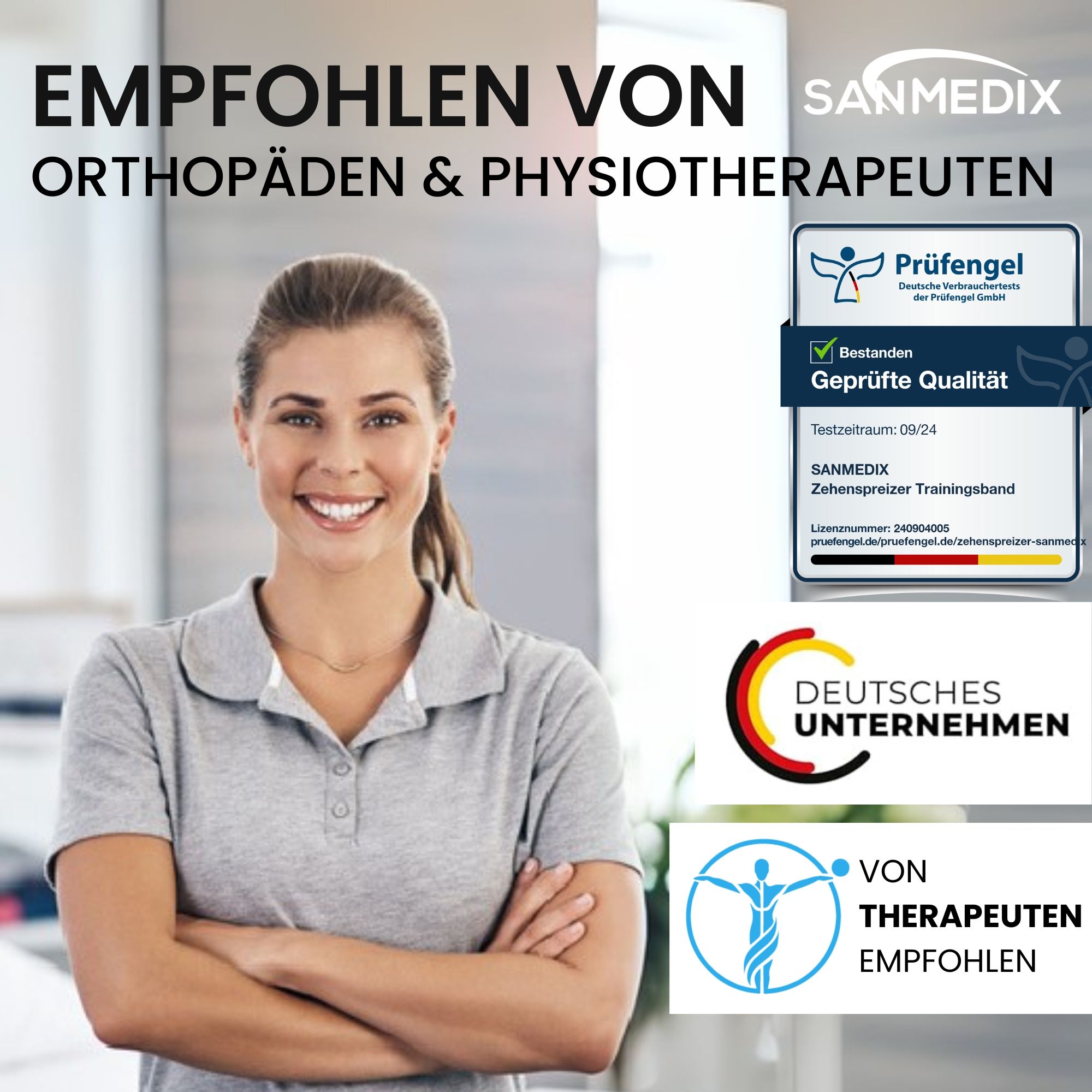 Frau mit verschränkten Armen. Sanmedix Logo. Prüfsiegel. Deutsches Unternehmen. Empfohlen von Therapeuten.