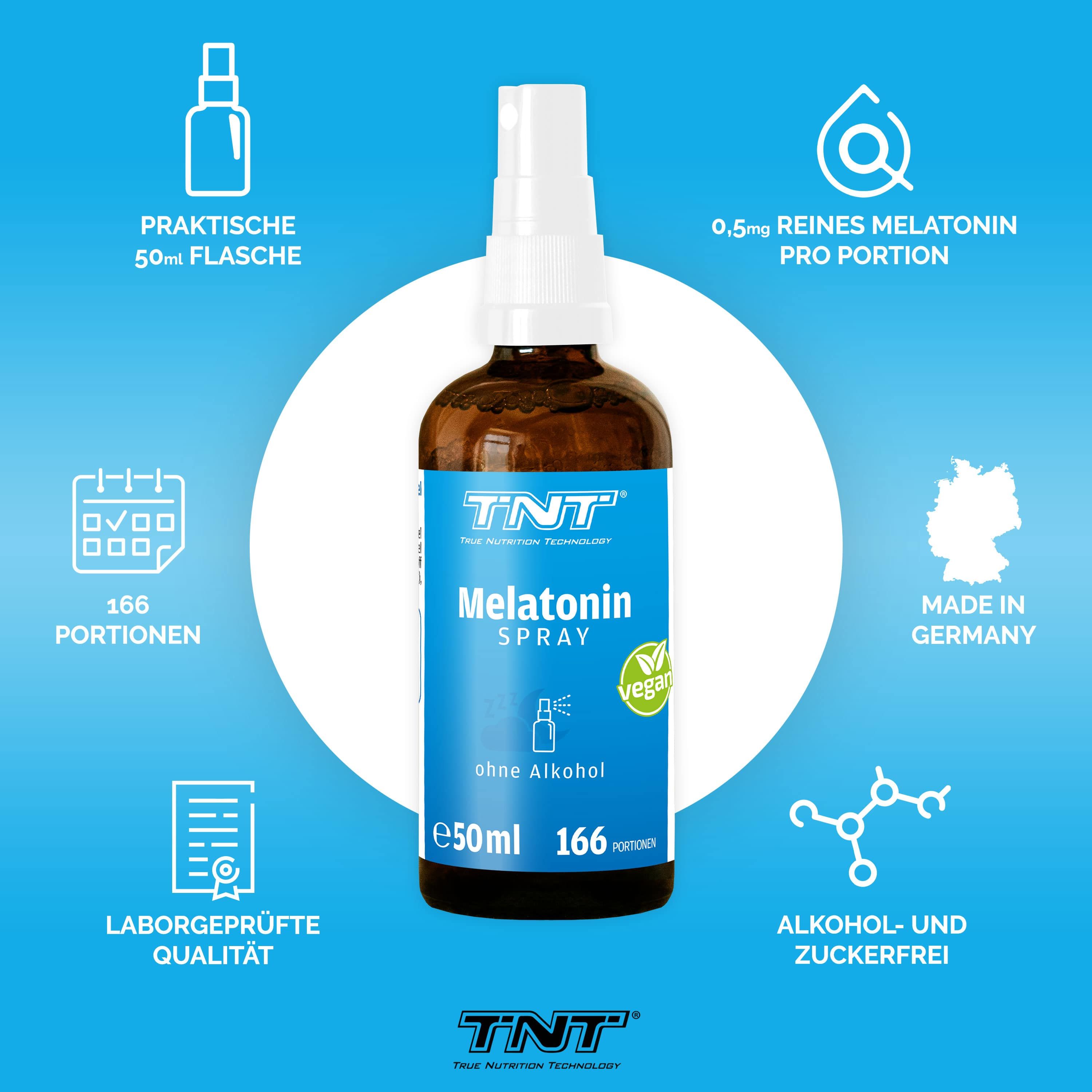 Braune Flasche mit blauem Etikett. Enthält Melatonin Spray. Vegan. Ohne Alkohol. Text: 166 Portionen, Laborgeprüfte Qualität, Made in Germany.