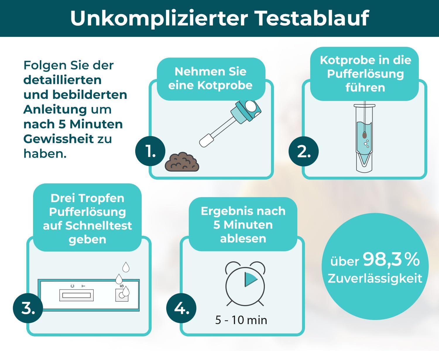 Schritte zur Durchführung des Tests: Kotprobe, Pufferlösung hinzufügen, 3 Tropfen auf Test geben, Ergebnis nach 5 Minuten ablesen. Über 98,3% Zuverlässigkeit.