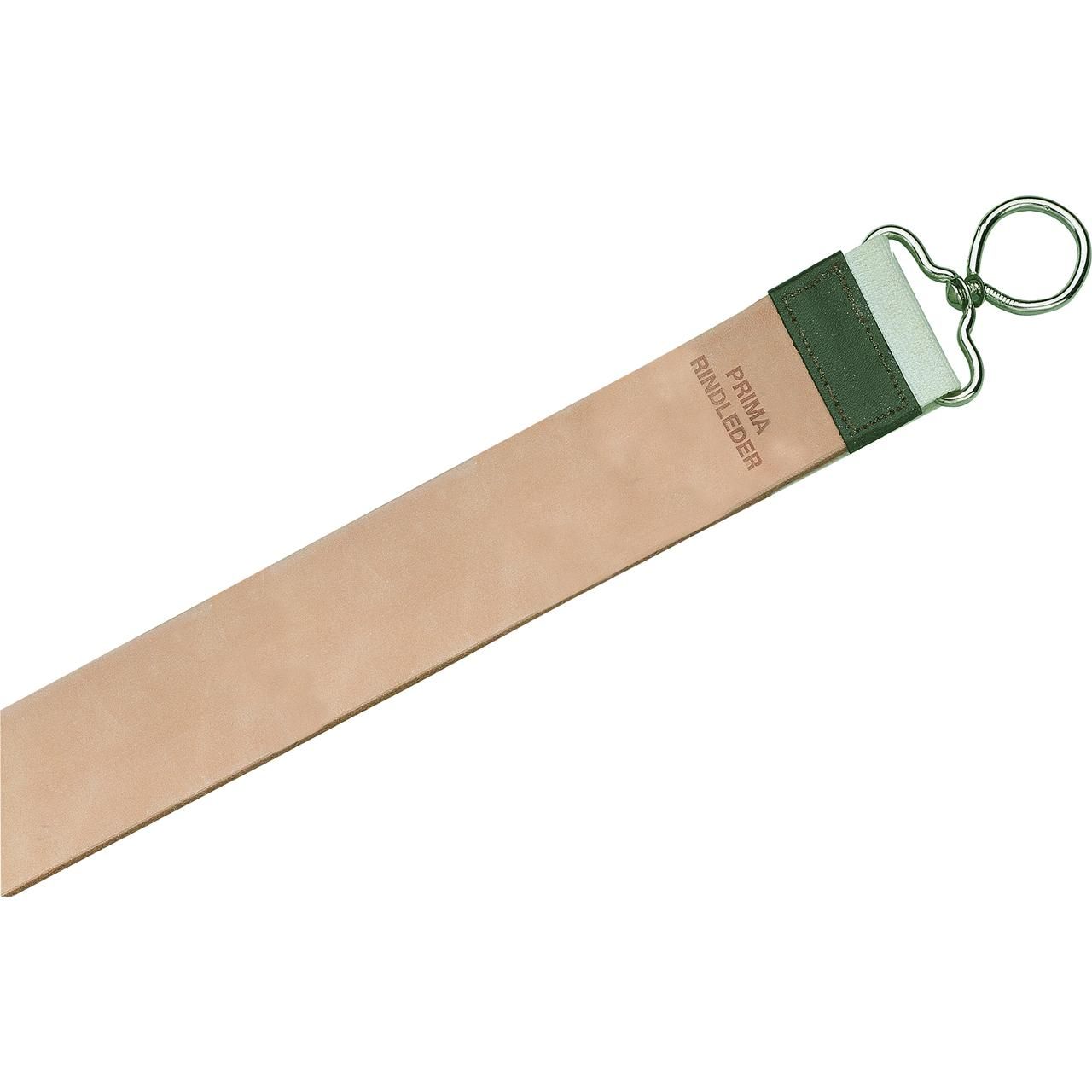 Leder-Streichriemen mit Metallring. Aufschrift: PRIMA RINDERLEDER. Beige Leder, grüner und weißer Abschluss.