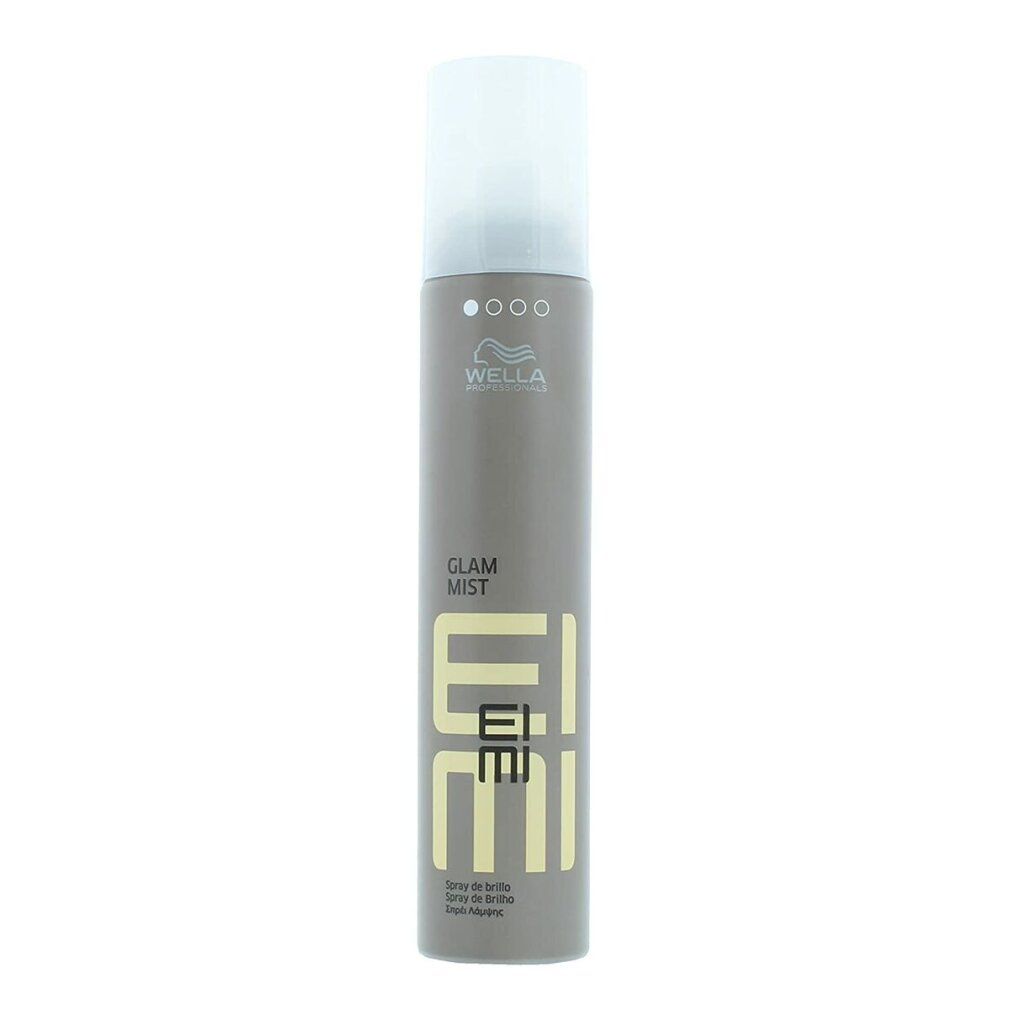 Wella Eimi Glam Mist Haarspray in brauner Dose mit weißem Verschluss. Goldener Eimi Schriftzug.