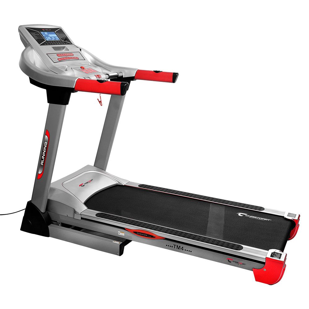 Laufband CHRISTOPEIT SPORT TM 4. Grau-rot. Konsole mit Display, Handläufe. Schwarze Lauffläche. Steuerungstasten. Seitenansicht.