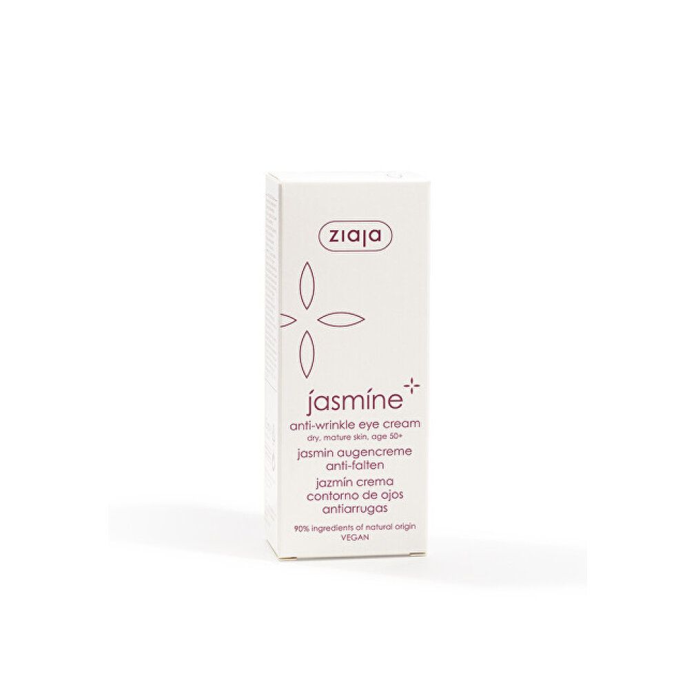 Ziaja Jazmin Augencreme-Verpackung. Weiß, mit lila Schrift. Produktname und Logo. Vegan.