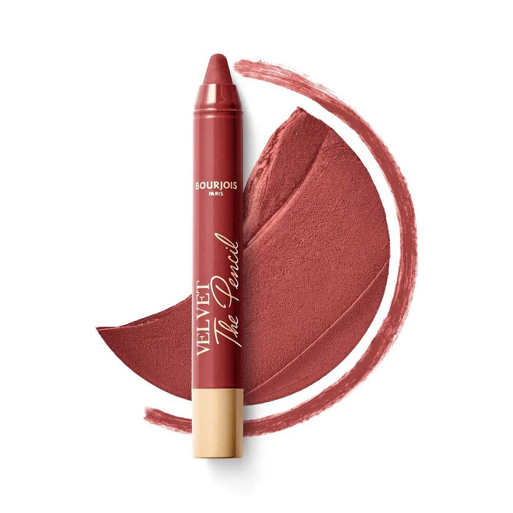 Rosa-brauner Stift neben einem Farbfleck. Schriftzug: VELVET The Pencil, Bourjois Paris.