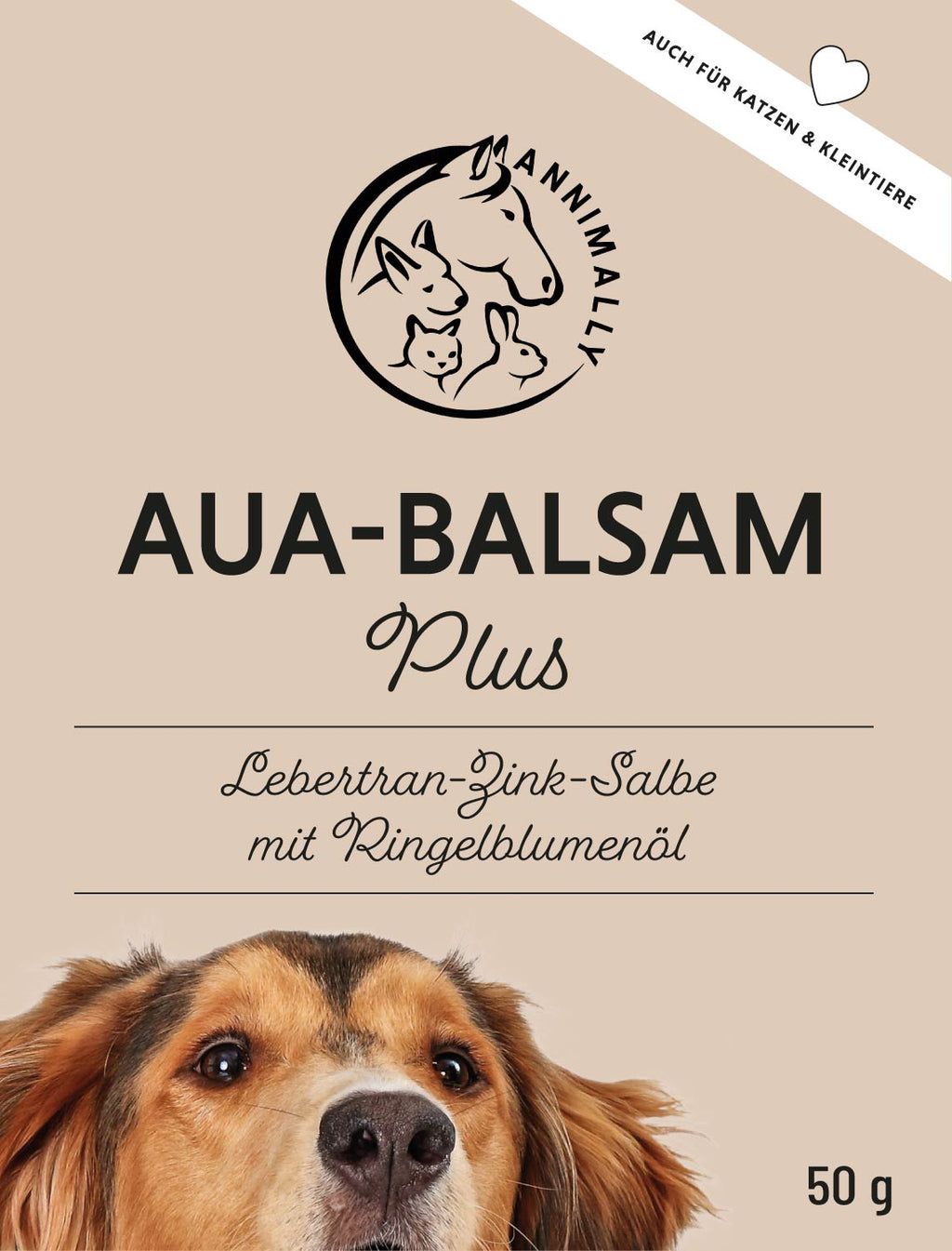 Beige Hintergrund mit Text AUA-BALSAM Plus. Logo mit Tierabbildung. Text: Lebertran-Zink-Salbe mit Ringelblumenöl. 50 g.