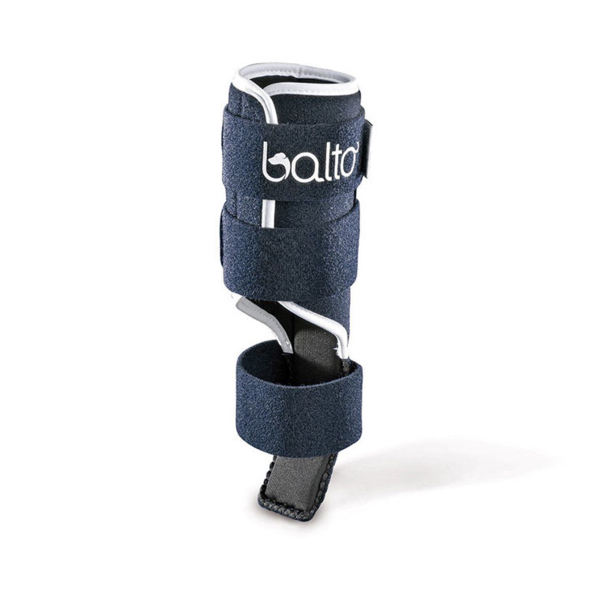 Dunkelblaue Bandage mit Aluminiumschiene. Weißes Balto-Logo. Mehrere Klettverschlüsse. Für Hunde.