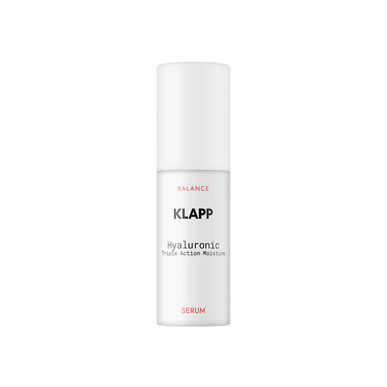 Weiße Flasche mit Sprühkopf. Aufschrift: KLAPP Hyaluronic Triple Action Moisture. Serum.