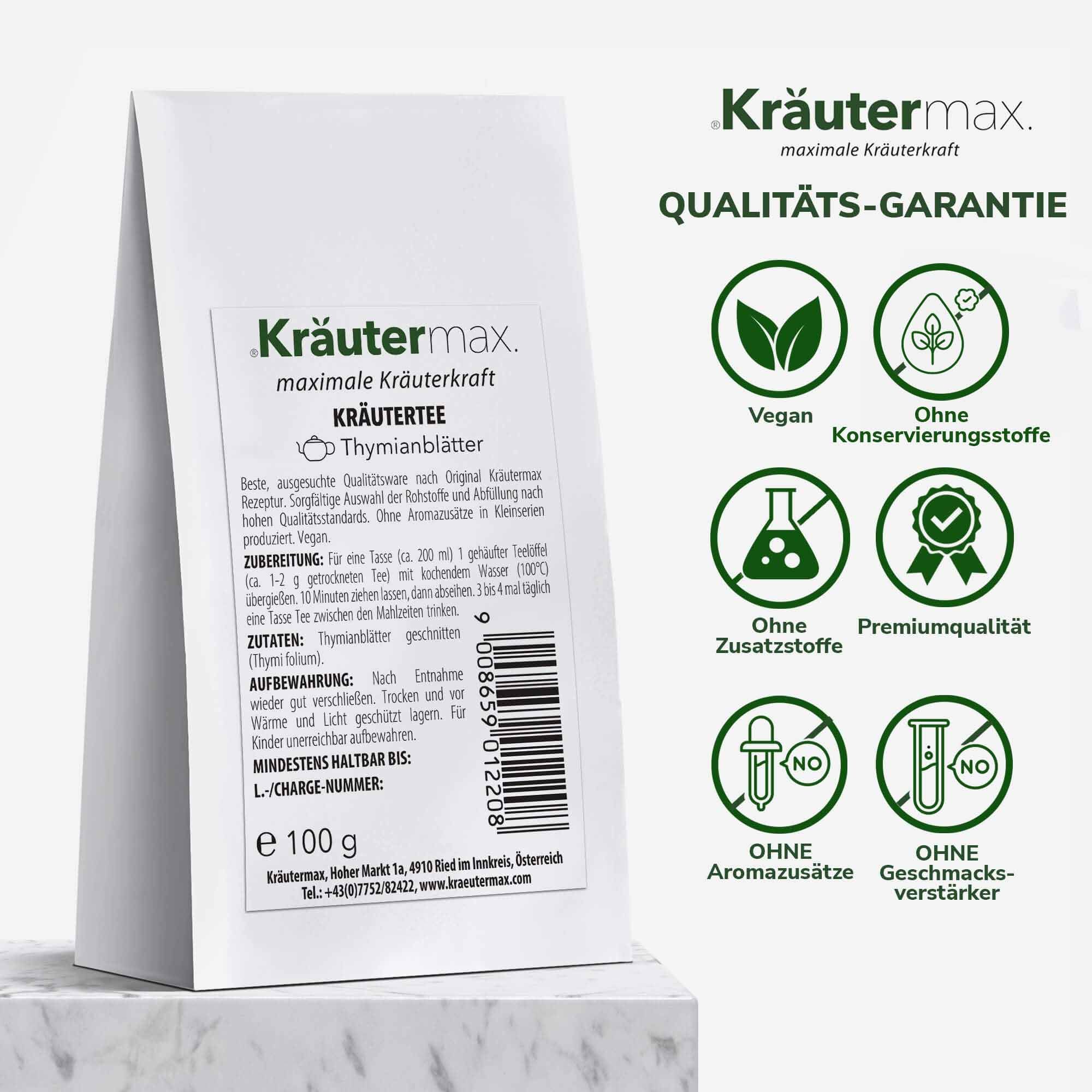 Weißer Beutel Kräutermax Thymiantee. Text: Vegan, ohne Konservierungsstoffe, ohne Zusatzstoffe, Premiumqualität, ohne Aromazusätze, ohne Geschmacksverstärker.
