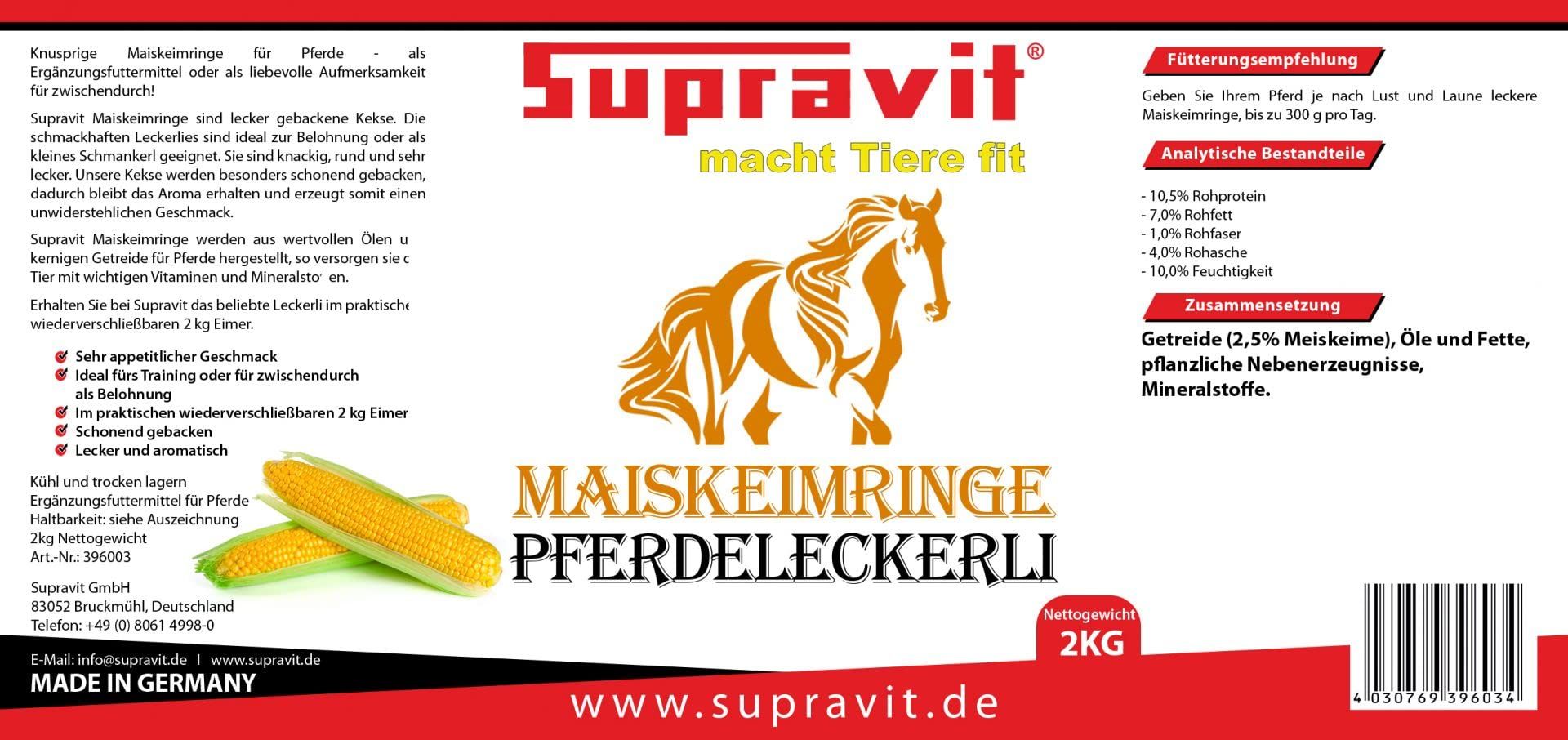 Etikett: Supravit, Maiskeimringe, Pferdeleckerli. 2kg. Inhaltsangaben, Fütterungsempfehlung. Maiskolben.