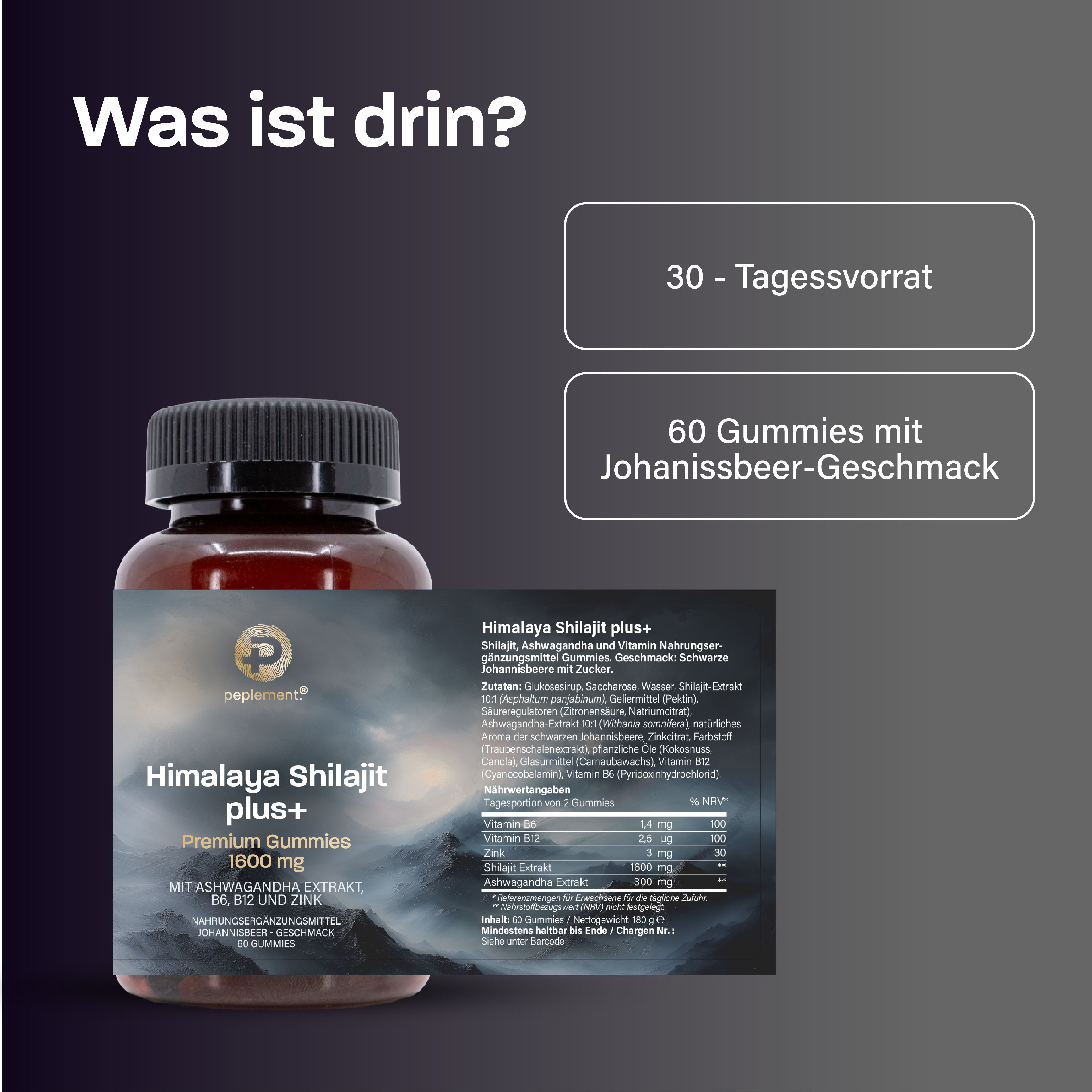 peplement Shilajit Gummies mit Ashwagandha, B6, B12 und Zink