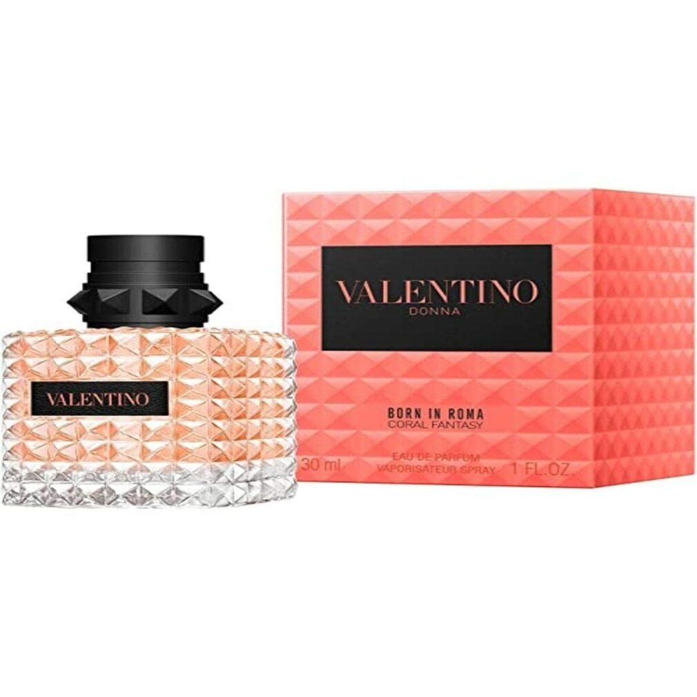 Valentino Donna Eau de Parfum. Rosa Verpackung und Flakon. Schwarzer Verschluss. Quadratischer Flakon mit quadratischen Details.
