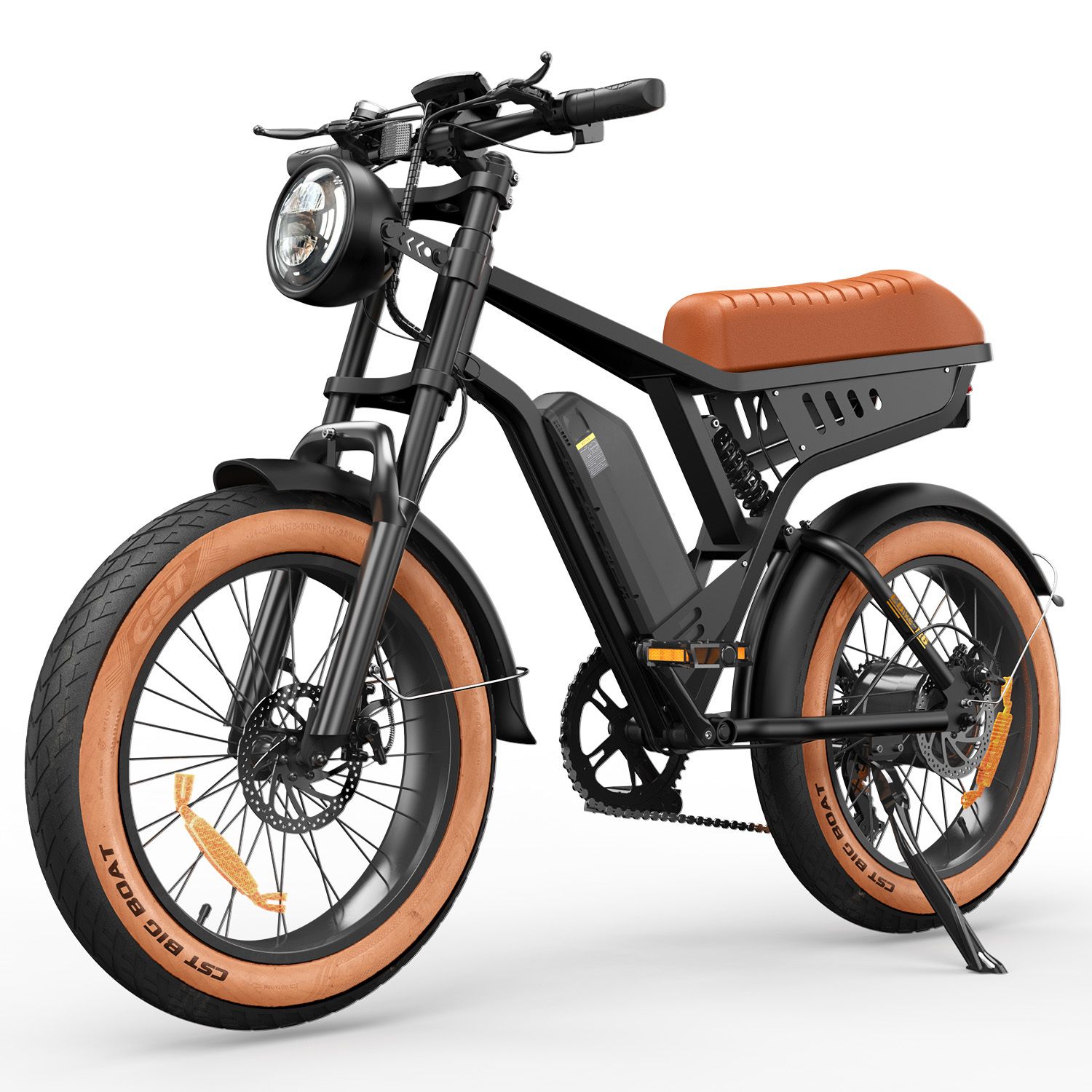 Schwarzes E-Bike mit braunem Sattel und Reifen. Große Reifen, Scheinwerfer und Batterie.