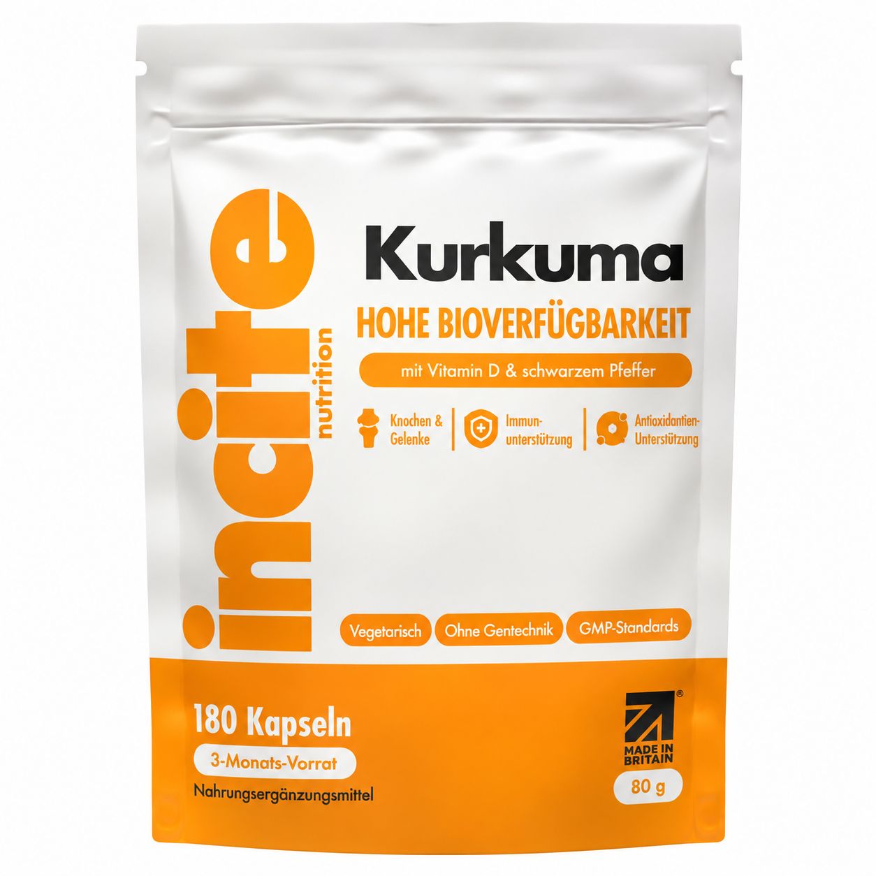 Incite Nutrition Kurkuma Kapseln, 180 Stück, 3-Monats-Vorrat. Hohe Bioverfügbarkeit mit Vitamin D & schwarzem Pfeffer.