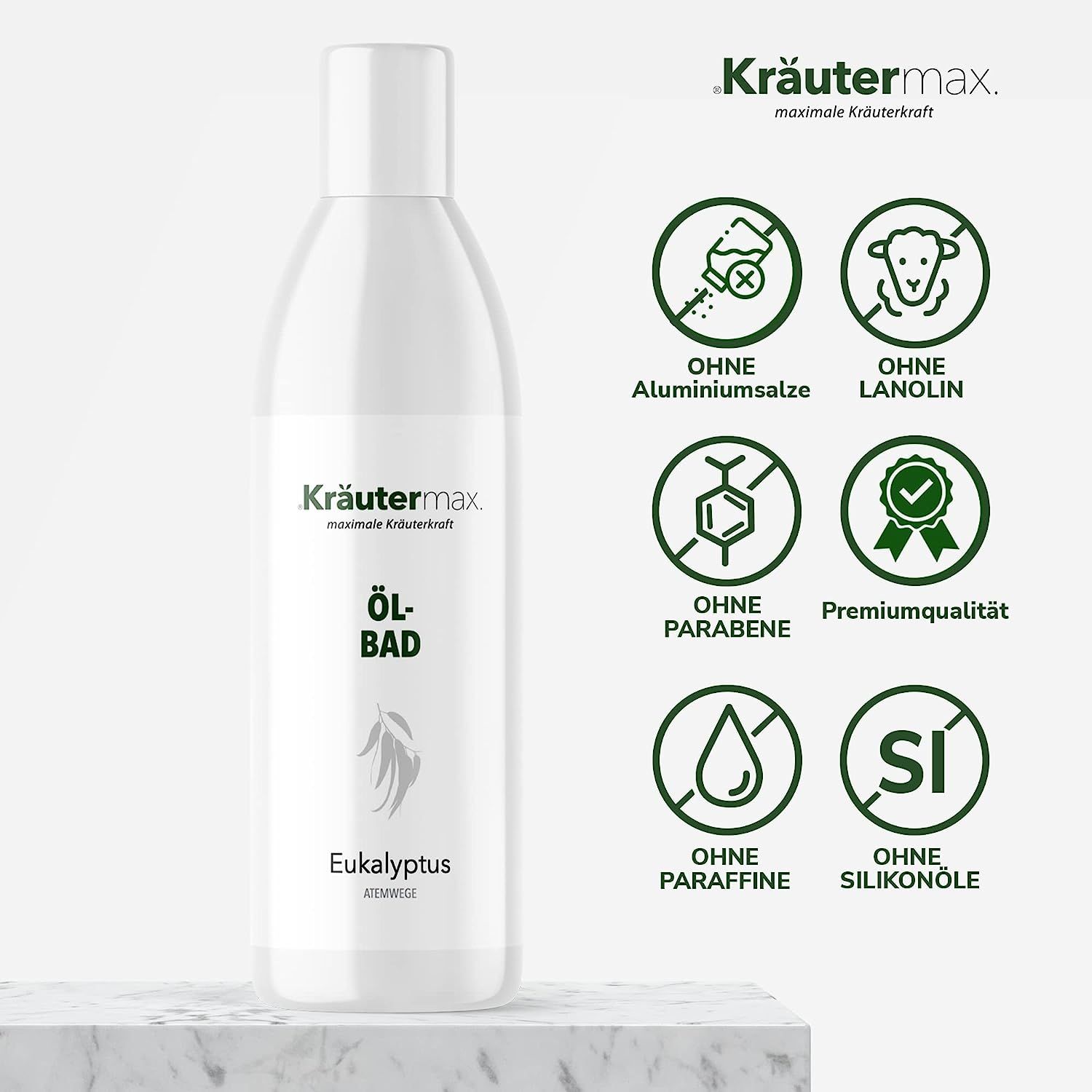 Weiße Flasche mit grünem Etikett. Text: Kräutermax Ölbad Eukalyptus. Symbole: Ohne Aluminiumsalze, Lanolin, Parabene, Paraffine, Silikonöle.