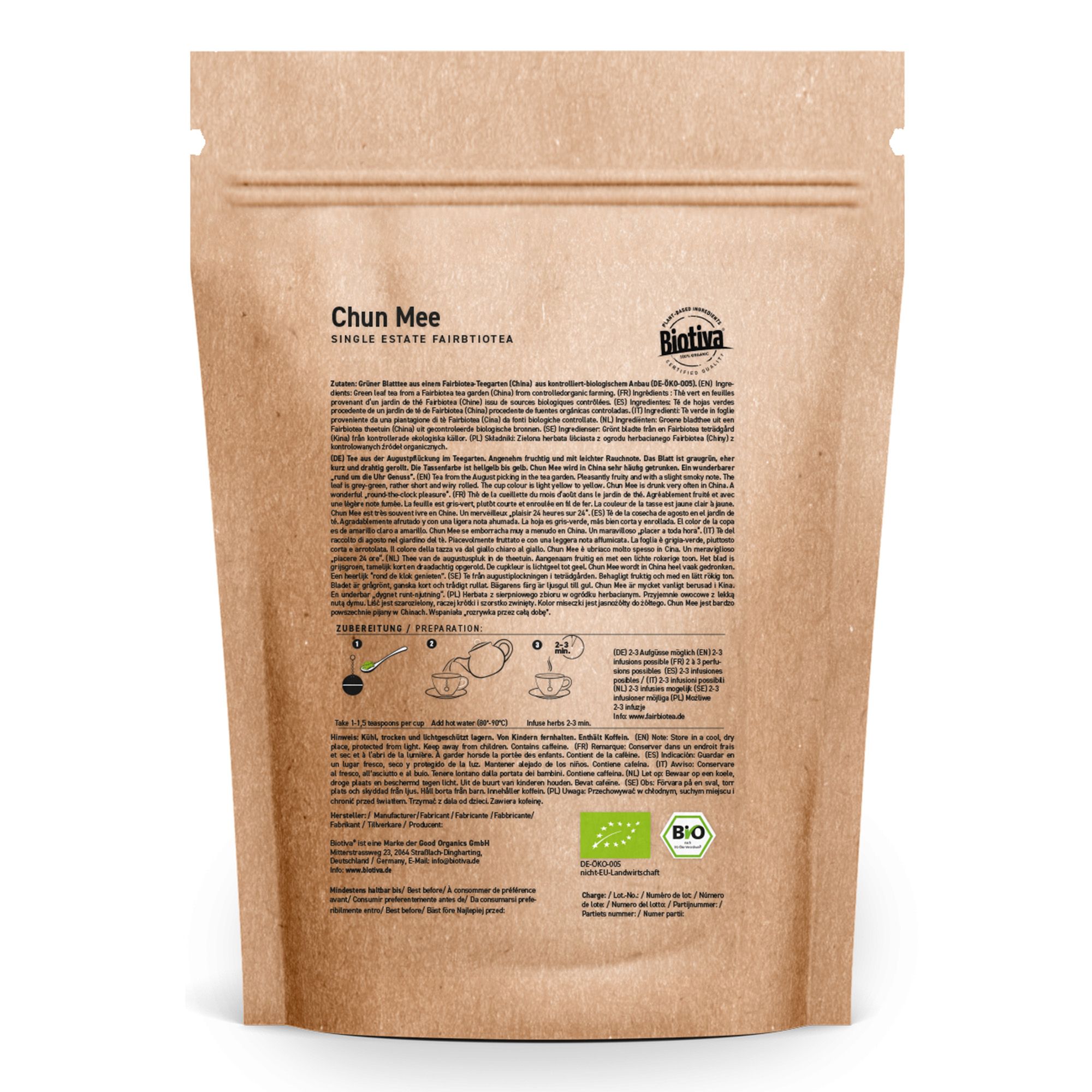 Rückseite der Biotiva Grüntee Chun Mee Bio Verpackung. Text in mehreren Sprachen, Zubereitungshinweise und Bio-Siegel.