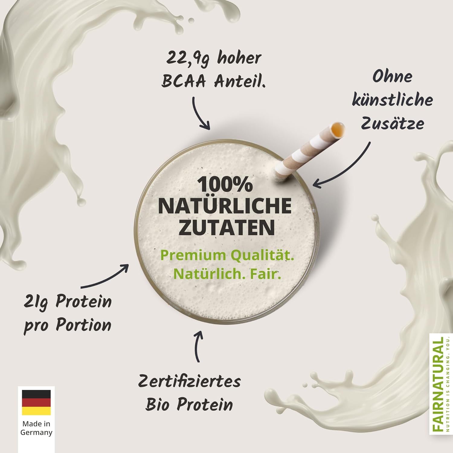 Glas mit Shake, Strohhalm. Text: 100% natürliche Zutaten, Premium Qualität, 21g Protein pro Portion, 22,9g hoher BCAA Anteil, ohne künstliche Zusätze.