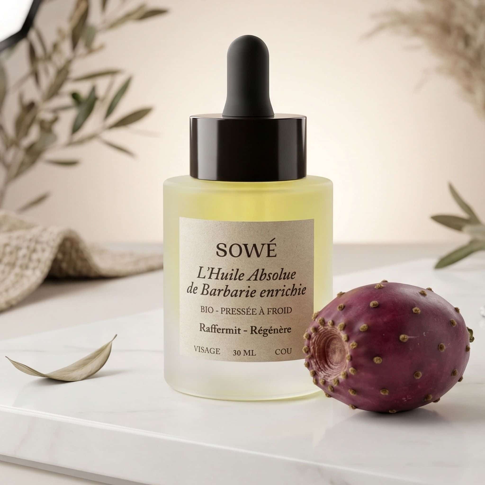 SOWÉ Kaktusfeigenöl Flasche mit Pipette, neben einer Kaktusfeige. Bio-zertifiziertes Öl in mattiertem Glas.