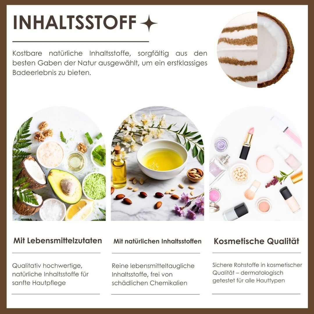 Infografik zu Inhaltsstoffen. Kokosnuss, Avocado, Öle, Kosmetikprodukte. Text: Inhaltsstoffe, Lebensmittelzutaten, kosmetische Qualität.