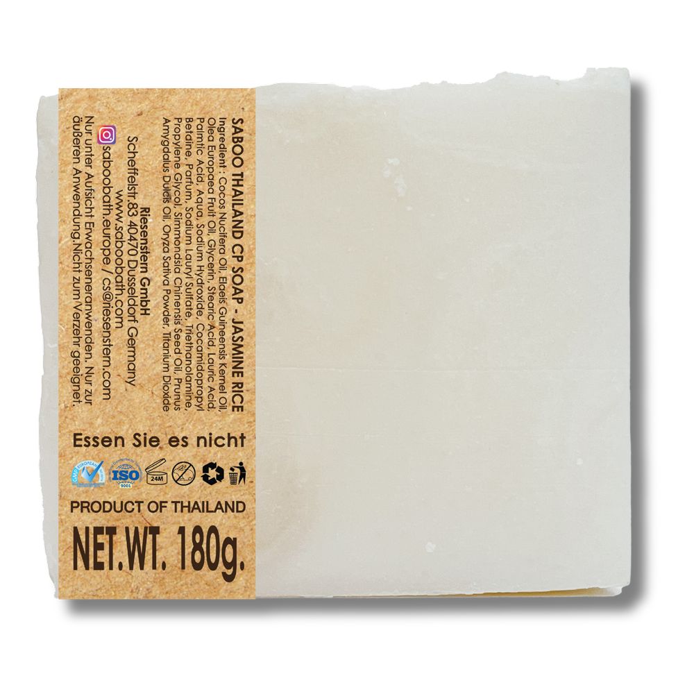 Rechteckige Seife mit Etikett "SABOO Thailand CP SOAP - Jasminreis". Produkt aus Thailand. Nettogewicht: 180g.