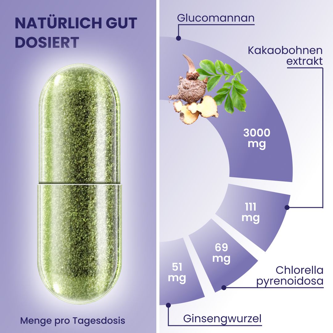 Kapsel mit Inhaltsstoffen: Glucomannan, Kakaobohnenextrakt, Chlorella pyrenoidosa, Ginsengwurzel. Mengenangaben.