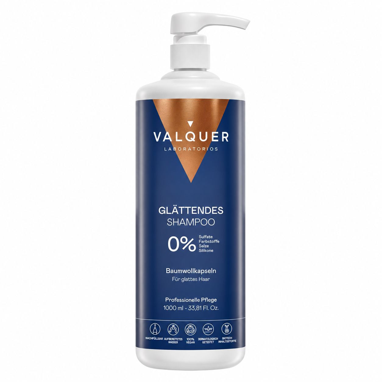Eine Flasche Valquer Glättendes Shampoo 1000ml. 0% Sulfat, Farbstoffe, Silikone. Mit Baumwollkapseln für glattes Haar.