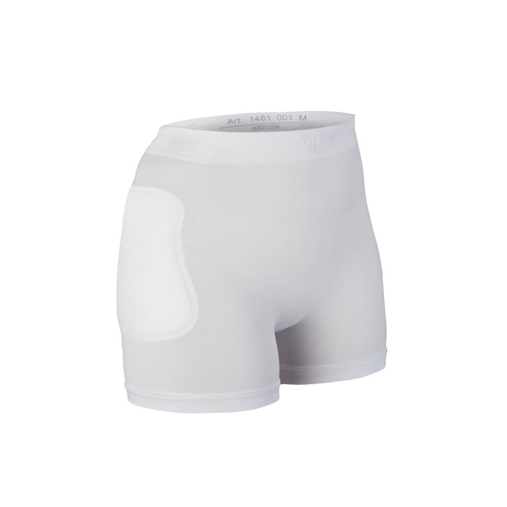 Weißer Hüftprotektor-Slip mit Protektoren. Seitlich angebrachte Protektoren. Artikelnummer und Größe sind sichtbar.