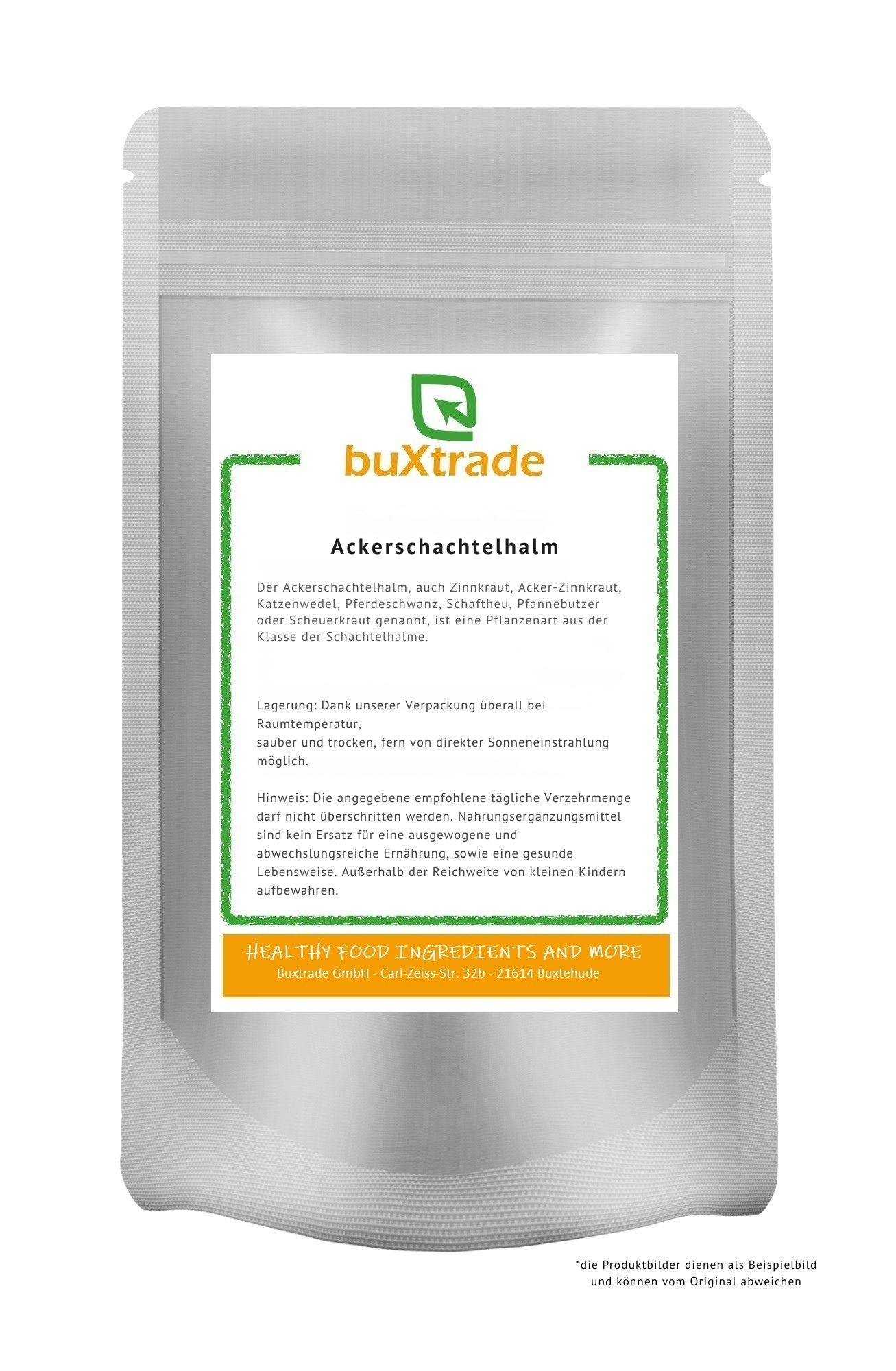 Beutel mit Produktetikett. Aufschrift: buXtrade, Ackerschachtelhalm. Text in Grün umrandet. Untertitel: Healthy Food Ingredients and More.