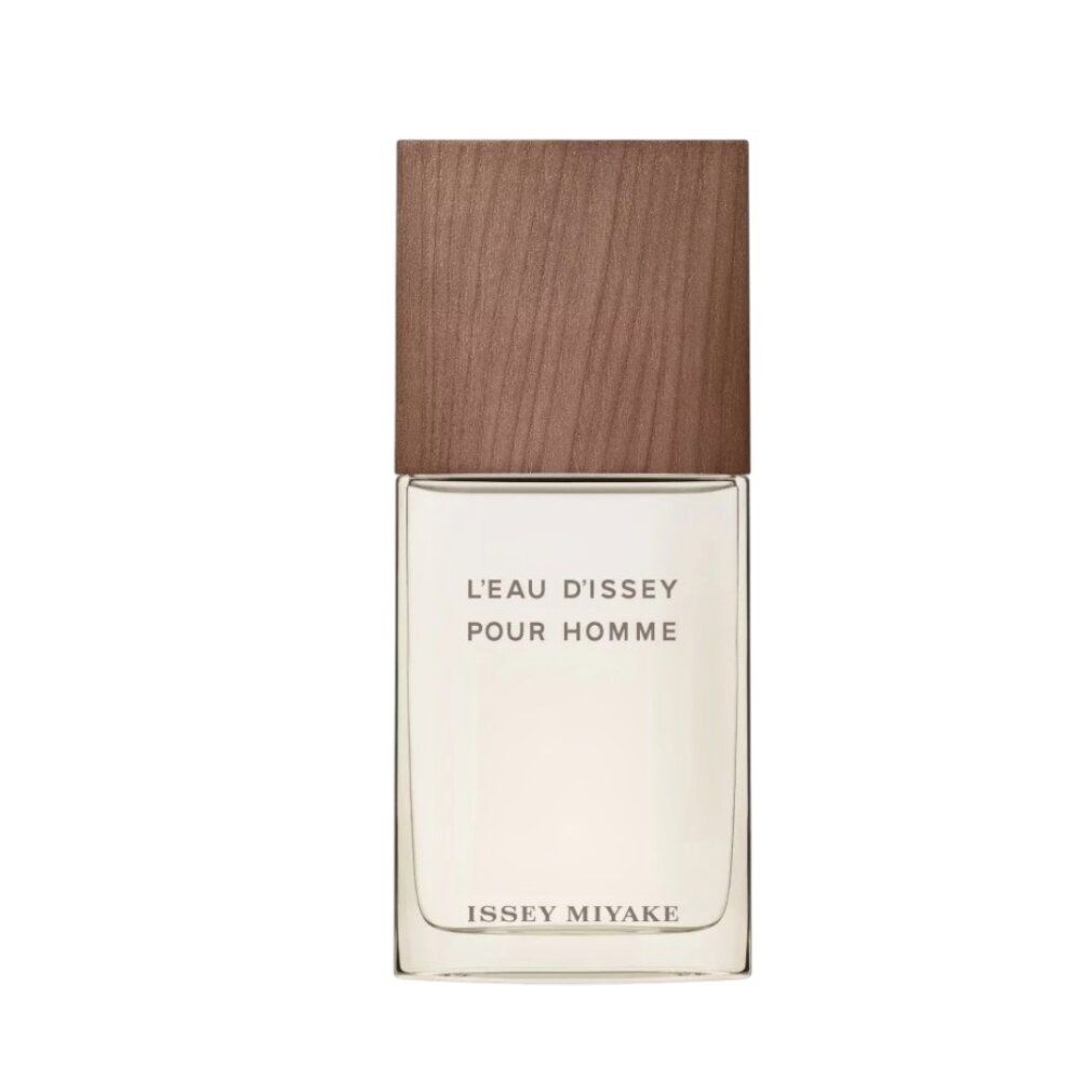 Flakon mit Holzdeckel. Text: L'EAU D'ISSEY POUR HOMME, ISSEY MIYAKE. Rechteckige Form.