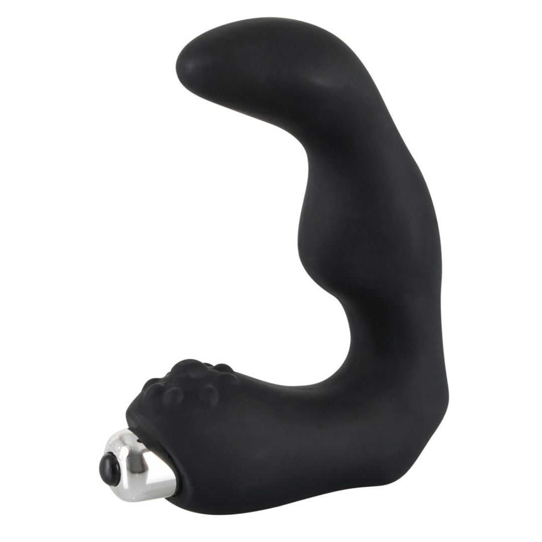 Schwarzer Vibrator mit gebogener Form und metallischem Ende. Oberflächenstruktur am Ende.