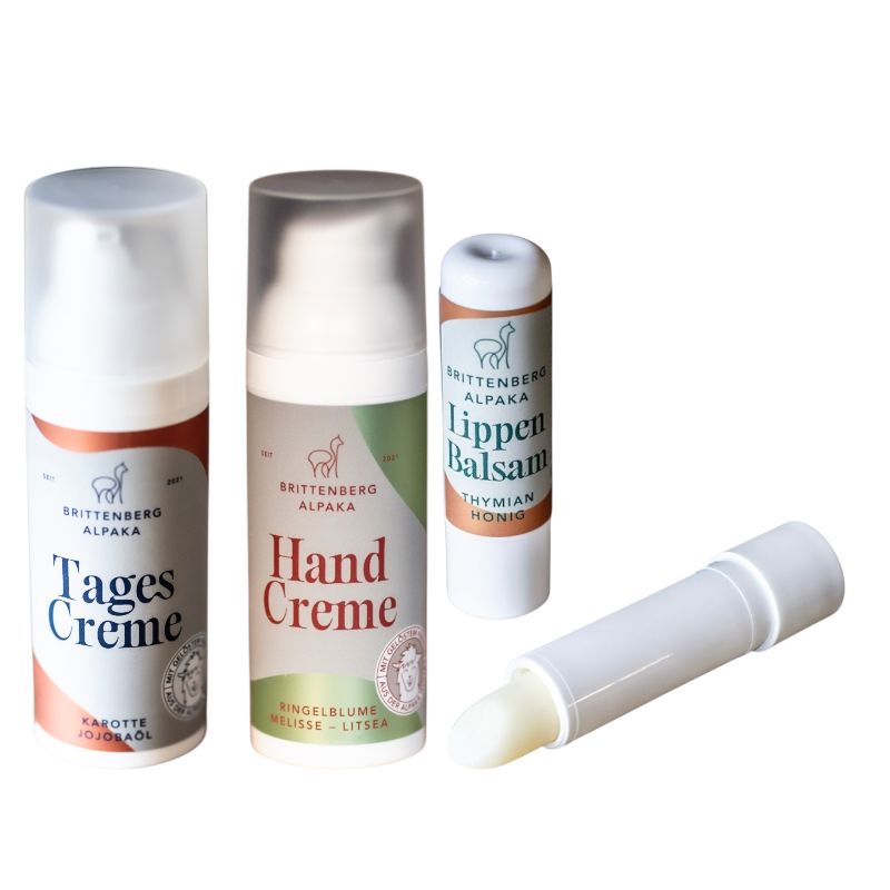 Brittenberg Alpaka Pflegeset mit Tagescreme, Handcreme Ringelblume-Melisse und Lippenbalsam 100 ml Set