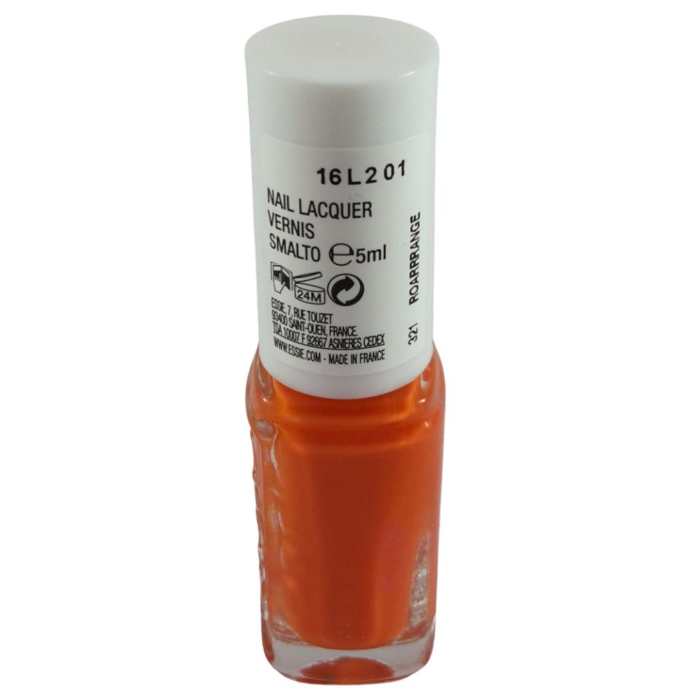 Essie Nagellack-Fläschchen, orange. Weißer Deckel, schwarze Schrift. 5ml.