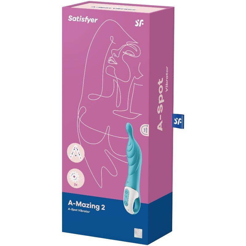 Verpackung von Satisfyer A-Mazing 2 A-Spot Vibrator. Rosa-lila Schachtel mit Produktabbildung und Logo.