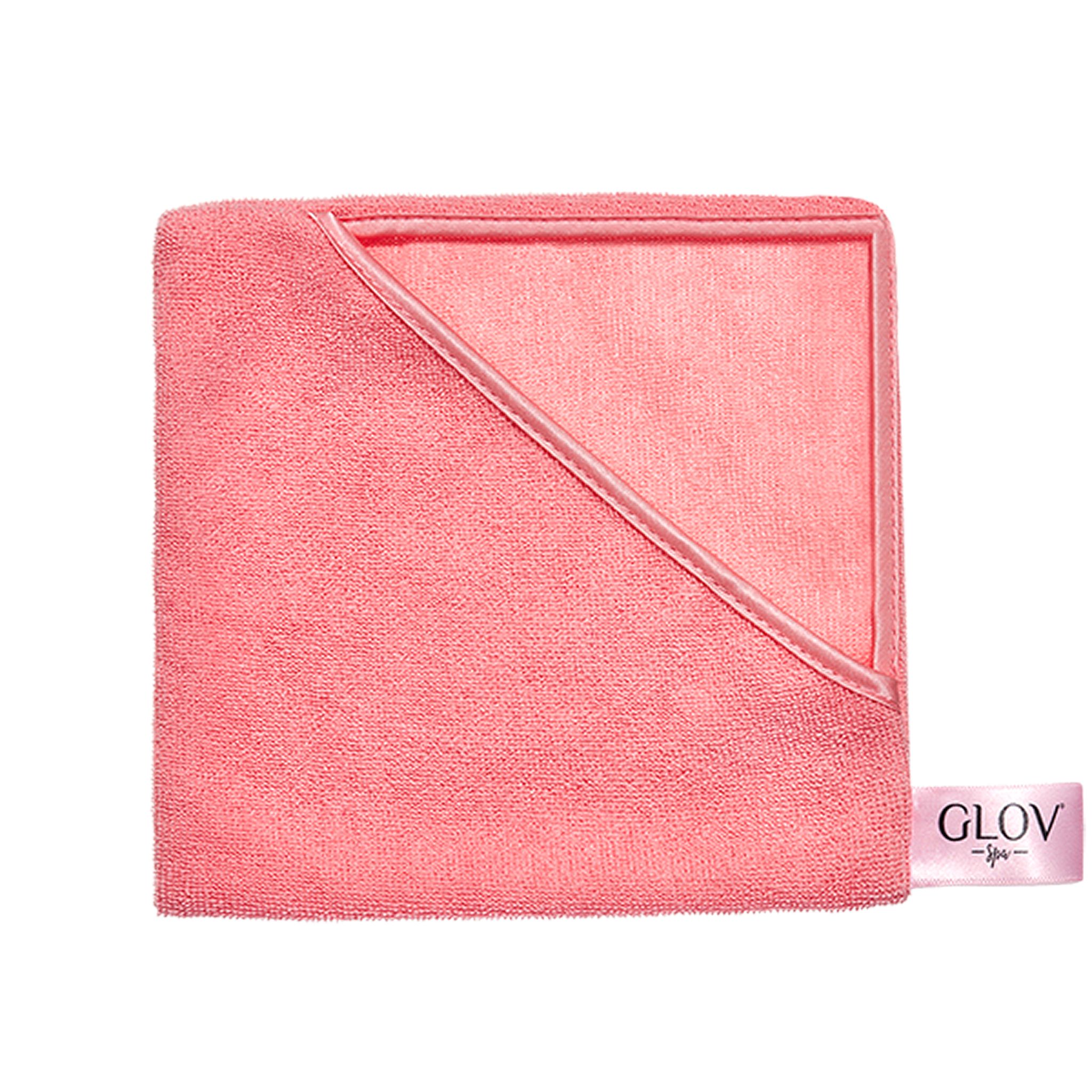 Ein rosa Mikrofasertuch mit GLOW-Logo.