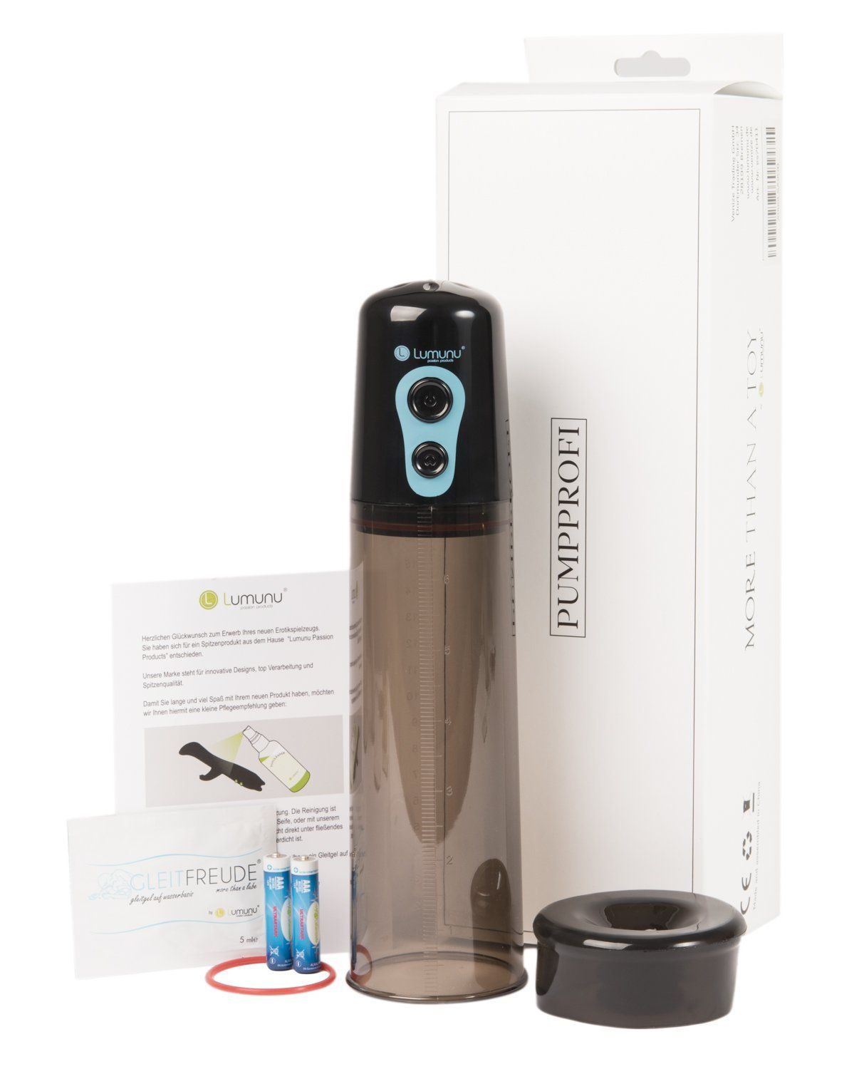Penispumpe mit Zubehör und Verpackung. Enthält Zylinder, Oberteil, Verpackung, Batterien und Anleitungen.