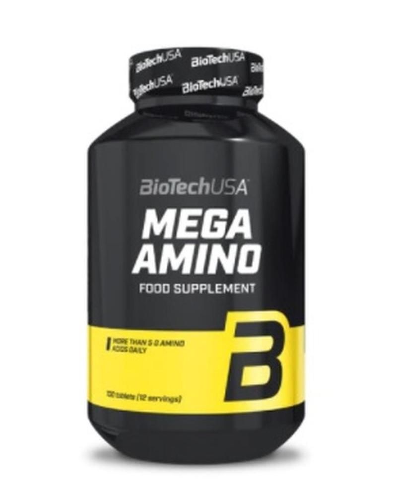 Schwarze Flasche mit gelbem Etikett. Aufschrift: Mega Amino, Nahrungsergänzungsmittel. Marke: BioTechUSA. Enthält Tabletten.
