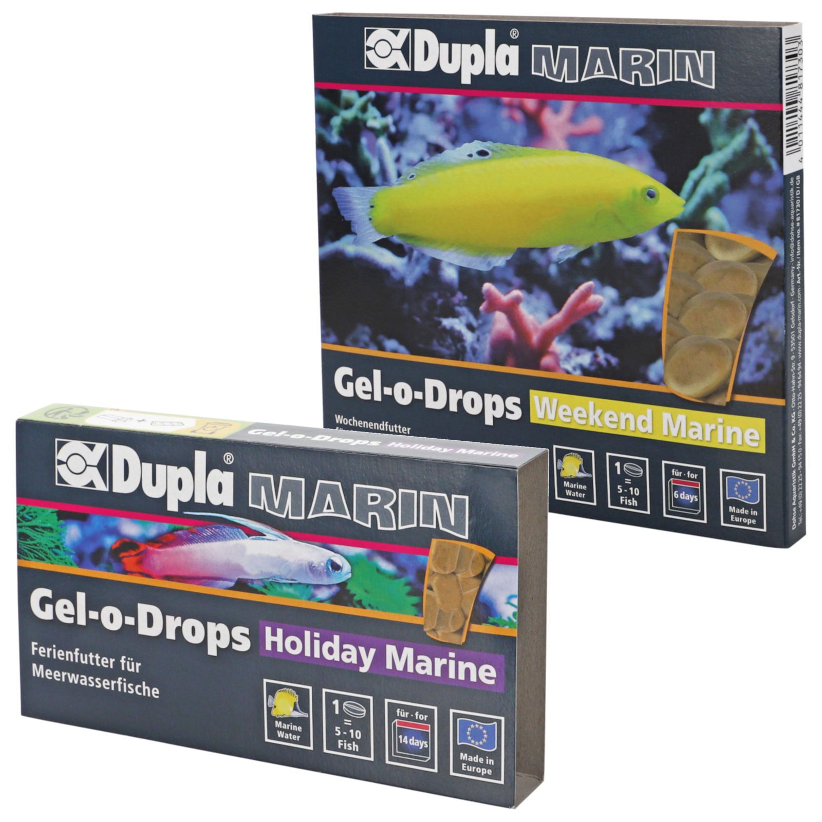 Zwei Schachteln Dupla Marin Gel-o-Drops. Weekend Marine und Holiday Marine. Beide zeigen Fischabbildungen und Produktnamen. EU-Siegel.