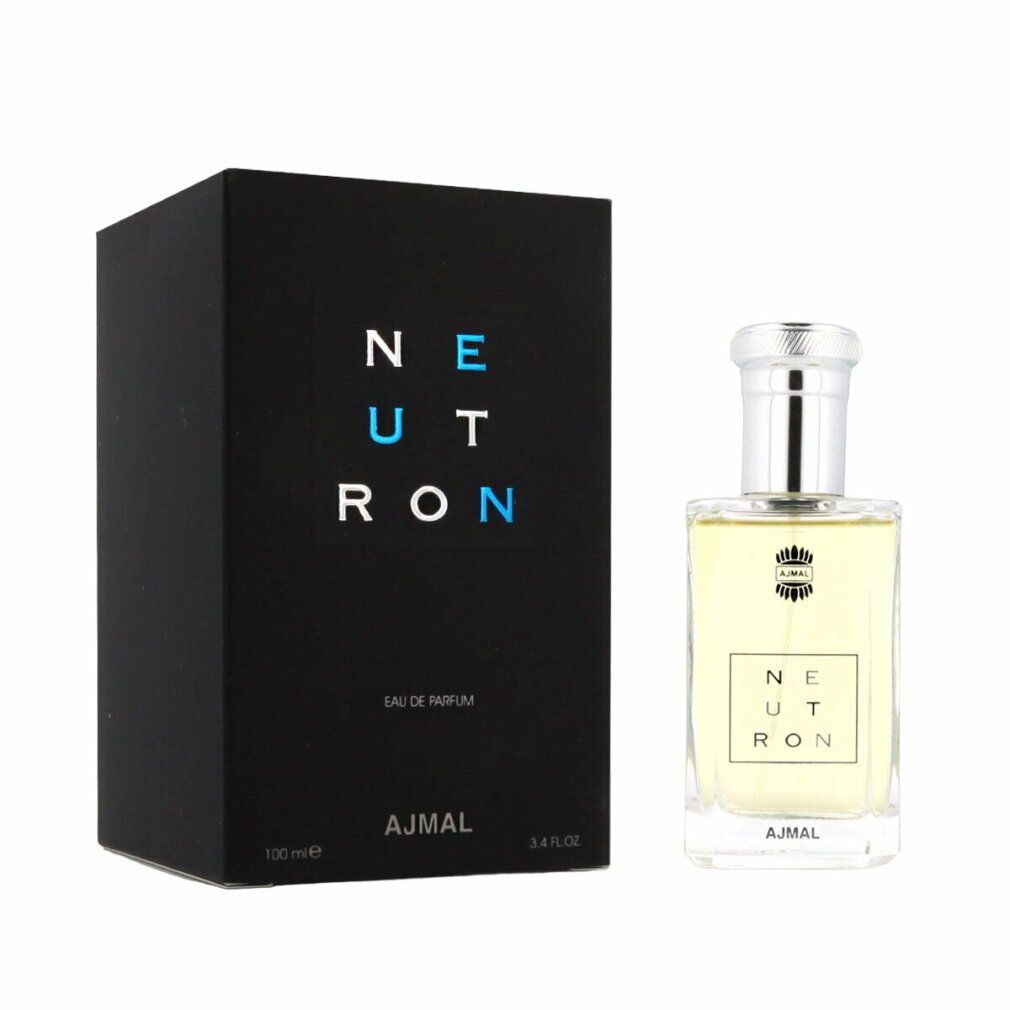 Neutron Eau de Parfum mit schwarzer Verpackung. Flasche und Verpackung. Aufschrift: NEUTRON, AJMAL, Eau de Parfum.