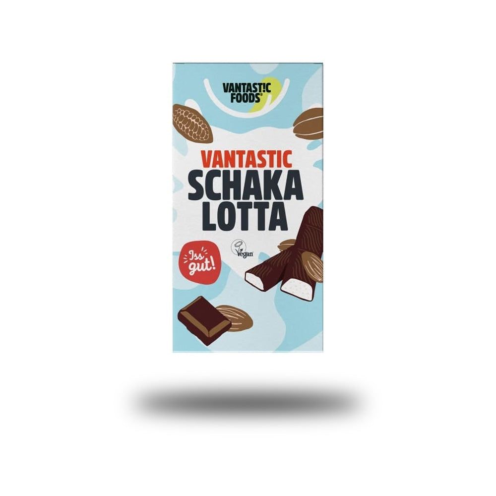 Verpackung von Vantastic Foods Schakalotta. Aufschrift: Schakalotta, vegan. Abgebildet sind Schokoladenstücke und Mandeln.